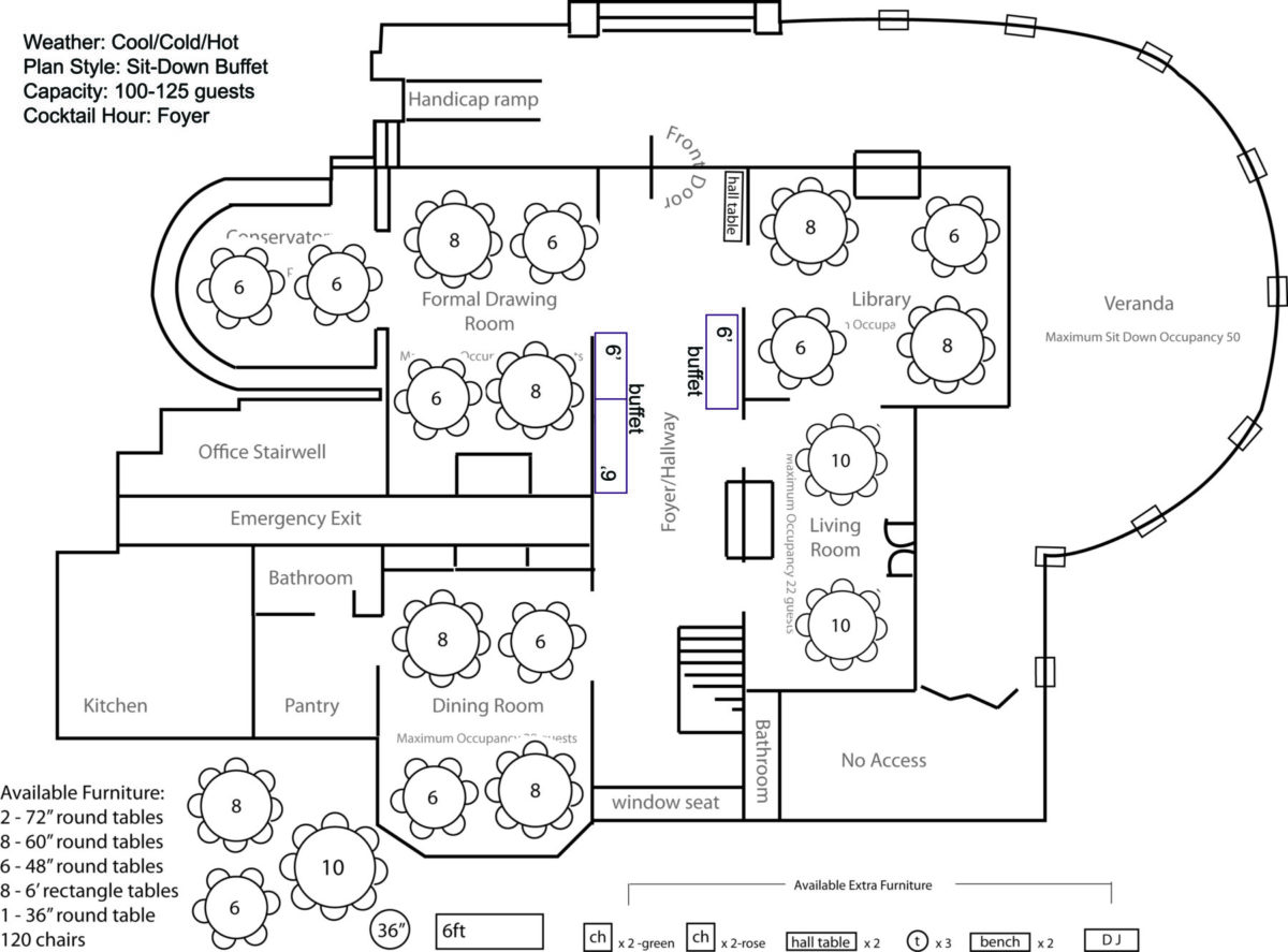 Weather: Cool/Cold/Hot Plan Style: Sit-Down Buffet Capacity: 100-125 guests Cocktail Hour: Foyer